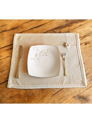 Denizli Hatırası 6 Adet Organik Naturel El Işi Çiçek Nakışlı Keten Vintage Amerikan Servis 35X45 cm Sofra Sunum Seti