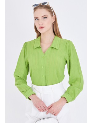 Armonika Kadın Fıstık Yeşili V Yaka Balon Kol Bürümcük Gömlek ARM-25K001088