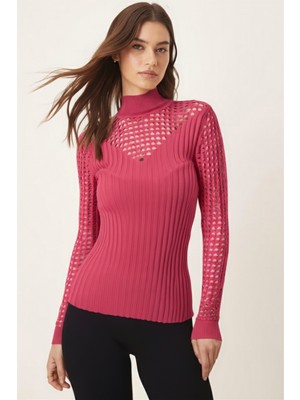 Armonika Kadın Pembe Dik Yaka Kolları Yakası Delikli Triko Kazak ARM-26K136060