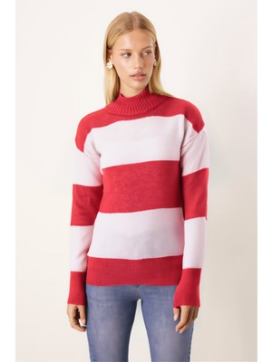 Armonika Kadın Kırmızı Dik Yaka Iki Renkli Triko Kazak ARM-26K136061