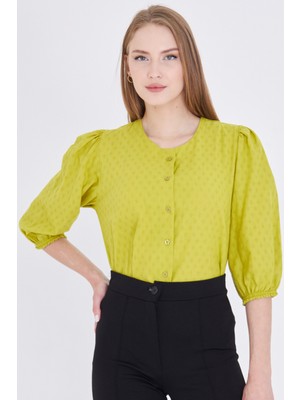 Armonika Kadın Yağ Yeşili Sıfır Yaka Çeyrek Kol Gömlek ARM-25Y001062
