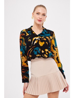 Armonika Kadın Siyah-Sarı Desenli Uzun Kol Gömlek ARM-25K001040