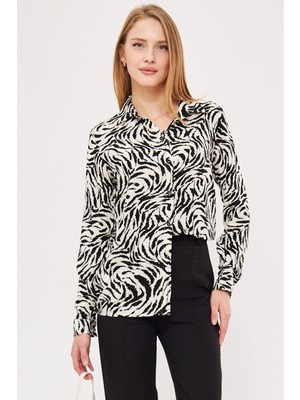 Armonika Kadın Beyaz-Siyah Desenli Uzun Kol Gömlek ARM-25K001040