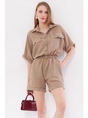 Armonika Kadın Vizon Yarasa Kol Cepli Beli Lastikli Şortlu Tulum ARM-23Y001075