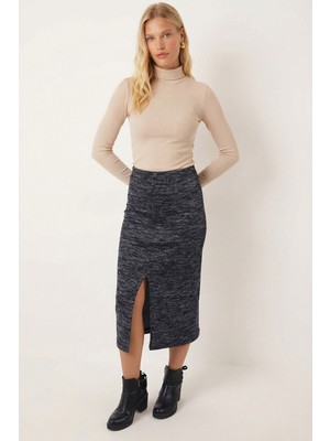 Armonika Kadın Lacivert Önden Yırtmaçlı Beli Lastikli Midi Boy Etek ARM-26K001037