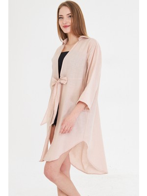Armonika Kadın Pudra Önden Bağlamalı Ince Keten Kumaş Midi Boy Kimono Gömlek ARM-24Y001081