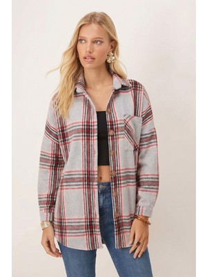 Armonika Kadın Açık Gri Oversize Ekoseli Kaşe Cepli Oduncu Gömlek ARM-26K001089