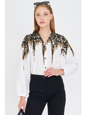 Armonika Kadın Haki Kolları Lastikli Desenli Gömlek ARM-25Y001014