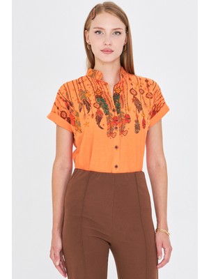 Armonika Kadın Turuncu Hakim Yaka Kısa Kollu Gömlek ARM-25Y001040