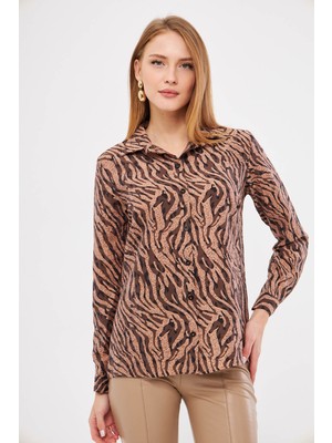 Armonika Kadın Vizon-Bej Desenli Uzun Kol Gömlek ARM-25K001040