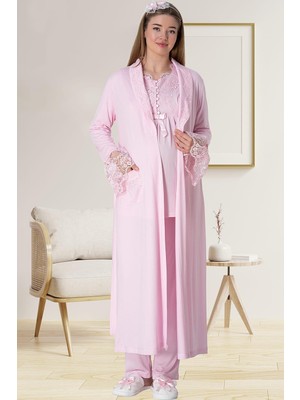 Mecit Pijama Mecit 5416 Pembe Uzun Sabahlıklı Lohusa Pjama Takımı