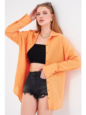 Armonika Kadın Hardal Oversize Dokulu Keten Görünümlü Geniş Manşetli Gömlek ARM-24K001001