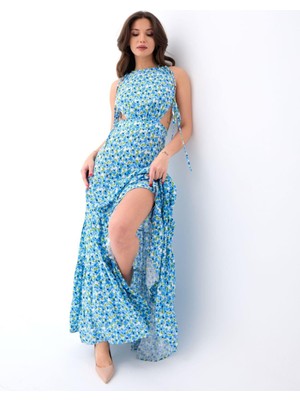 AURA 7 Collection Kadın Giyim Torino Yandan Pencereli ve Çiçek Desenli Uzun Mavi Elbise