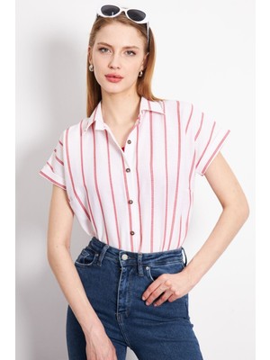 Armonika Kadın Kırmızı Çizgili Kısa Kol Gömlek ARM-24Y001067