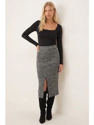 Armonika Kadın Gri Önden Yırtmaçlı Beli Lastikli Midi Boy Etek ARM-26K001037