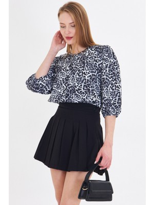 Armonika Kadın Siyah Sıfır Yaka Çeyrek Kol Desenli Gömlek ARM-25Y001021