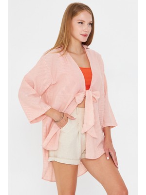 Armonika Kadın Turuncu Çizgili Önden Bağlamalı Kimono Gömlek ARM-25Y001085