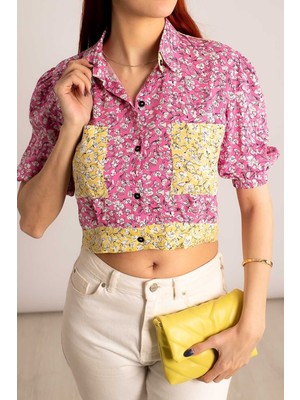 Armonika Kadın Pembe Kolu Lastikli Cepli Sırt Detaylı Crop Gömlek ARM-23Y001006