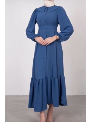 Tesettür Diyarı Geniş Yaka Düğmeli Kuşaklı Tesettür Elbise- Indigo