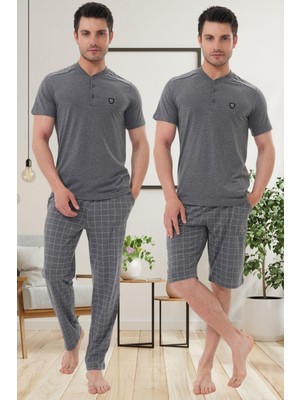 Mecit Pijama Mecit 2980 Füme Büyük Beden 3 Parça Erkek Şortlu Pijama Takımı