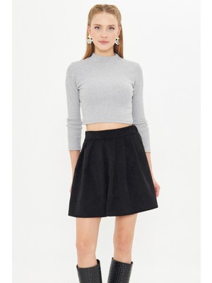 Armonika Kadın Siyah Beli Lastikli Kadife Kısa Etek ARM-25K001080