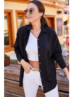 Armonika Kadın Siyah Oversize Uzun Kol Gömlek Pamuk-Polyester Karışımı ile Günlük Stil