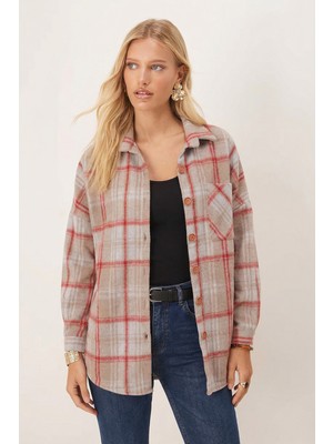 Armonika Kadın Vizon Oversize Ekoseli Kaşe Cepli Oduncu Gömlek ARM-26K001089