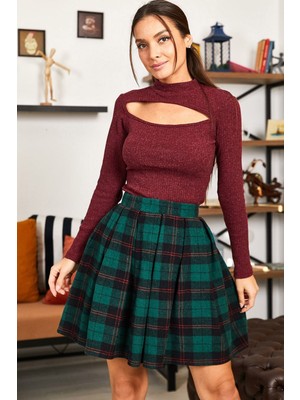 Armonika Kadın Yeşil Ekoseli Kısa Kloş Etek ARM-22K001014