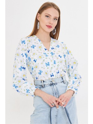 Armonika Kadın Beyaz Kolları Lastikli Desenli Gömlek ARM-25Y001014