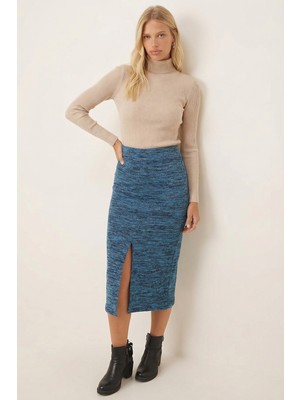 Armonika Kadın Turkuaz Önden Yırtmaçlı Beli Lastikli Midi Boy Etek ARM-26K001037