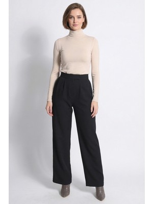 Armonika Kadın Siyah Likralı Pileli Cırt Kapama Palazzo Pantolon ARM-26K001059
