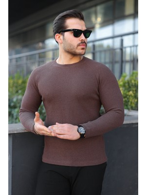 Comstar Erkek Trend Basic Slim Fit Bisiklet Yaka Kahve Kazak