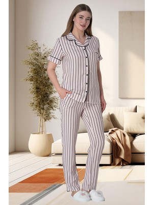 Mecit Pijama Mecit 6016 Pembe Çizgili Boydan Düğmeli Kadın Pijama Takımı