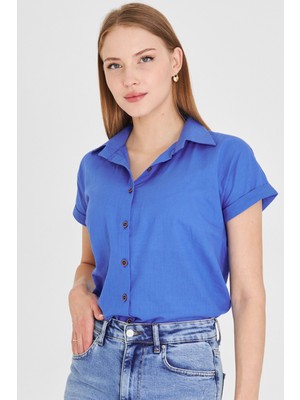 Armonika Kadın Saks Kısa Kol Keten Gömlek ARM-24Y001038