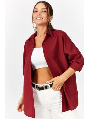 Armonika Kadın Bordo Oversize Uzun Basic Gömlek ARM-22Y001118