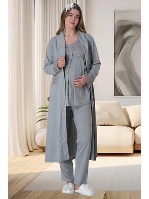 Mecit Pijama Mecit 6003 Gri Sabahlıklı Lohusa Pijama Takımı