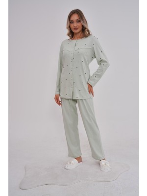 Mecit Pijama Mecit 6151 Fıstık Yeşil Boydan Düğmeli %100 Pamuk Büyük Beden Pijama Takımı