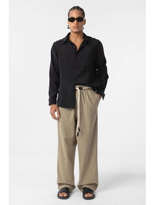 Vamos Kemer Detaylı Oversize Keten Pantolon Haki