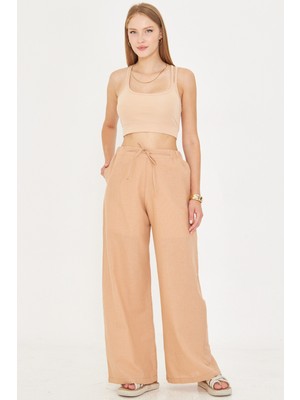 Armonika Kadın Vizon Keten Görünümlü Beli Lastikli Cepli Bağlama Detaylı Astarlı Bol Pantolon ARM-25Y001078