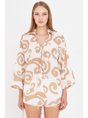 Armonika Kadın Vizon Beyaz Gömlek Yakalı Önden Bağcıklı Kimono Gömlek ARM-25K001006
