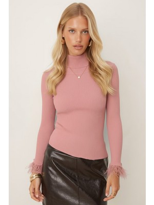 Armonika Kadın Pudra Balıkçı Yaka Kolucu Tüylü Triko Kazak ARM-26K136038