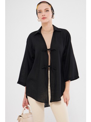 Armonika Kadın Siyah Gömlek Yakalı Önden Bağcıklı Kimono Gömlek ARM-25K001006