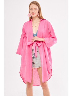 Armonika Kadın Fuşya Önden Bağlamalı Ince Keten Kumaş Midi Boy Kimono Gömlek ARM-24Y001081