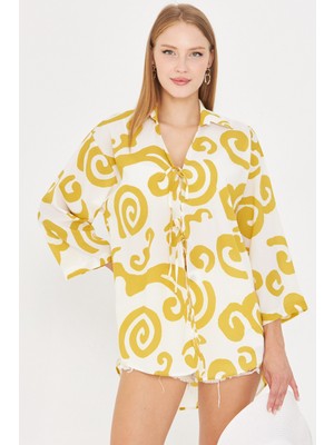 Armonika Kadın Sarı Gömlek Yakalı Önden Bağcıklı Kimono Gömlek ARM-25K001006