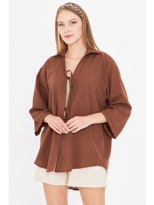 Armonika Kadın Kahve Gömlek Yakalı Önden Bağcıklı Kimono Gömlek ARM-25K001006