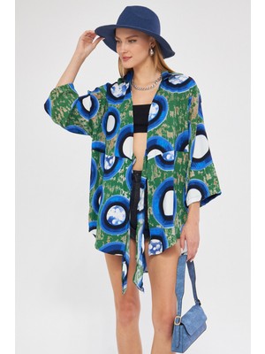 Armonika Kadın Koyu Yeşil Desenli Önden Bağlamalı Kimono Gömlek ARM-24Y001080