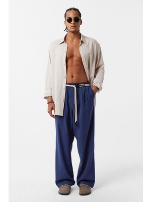 Vamos Kemer Detaylı Oversize Keten Pantolon Lacivert