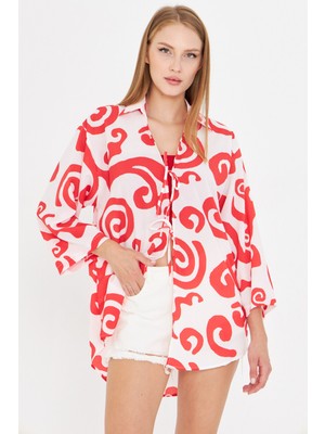 Armonika Kadın Kırmızı-Beyaz Gömlek Yakalı Önden Bağcıklı Kimono Gömlek ARM-25K001006