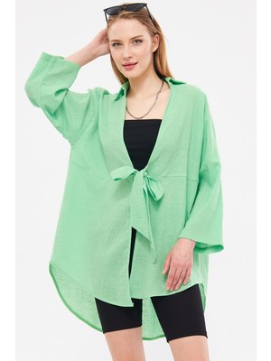 Armonika Kadın Açık Yeşil Keten Görünümlü Önden Bağlamalı Kimono Gömlek ARM-24Y001063