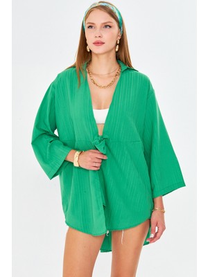 Armonika Kadın Yeşil Kendinden Çizgili Önden Bağlamalı Kimono Gömlek ARM-24Y001101